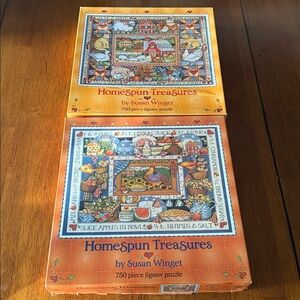 2 Susan Winget 750 piece “homespun treasures” puzzle ceaco unchecked VTG country